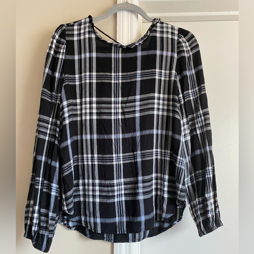 Plaid ruffle tie back blouse